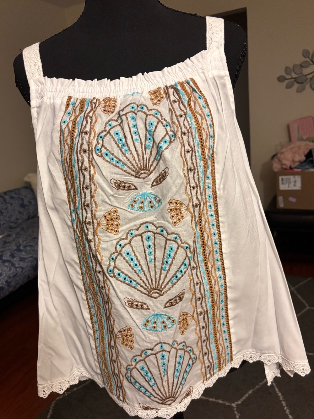 Democracy White Crop Top with Turquoise and Gold Shell Embroidery